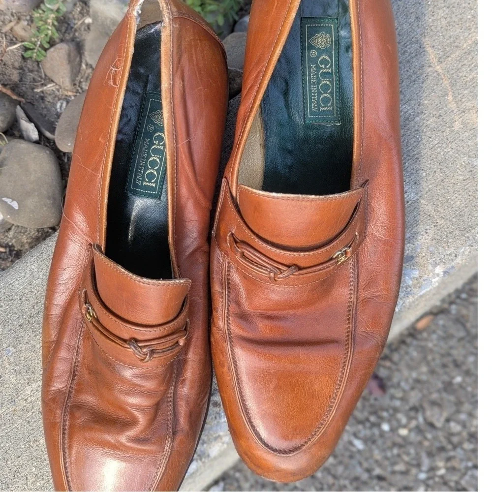 Vintage Gucci Horsebit Loafers Brown Leather GG Made in Italy EU 43 M